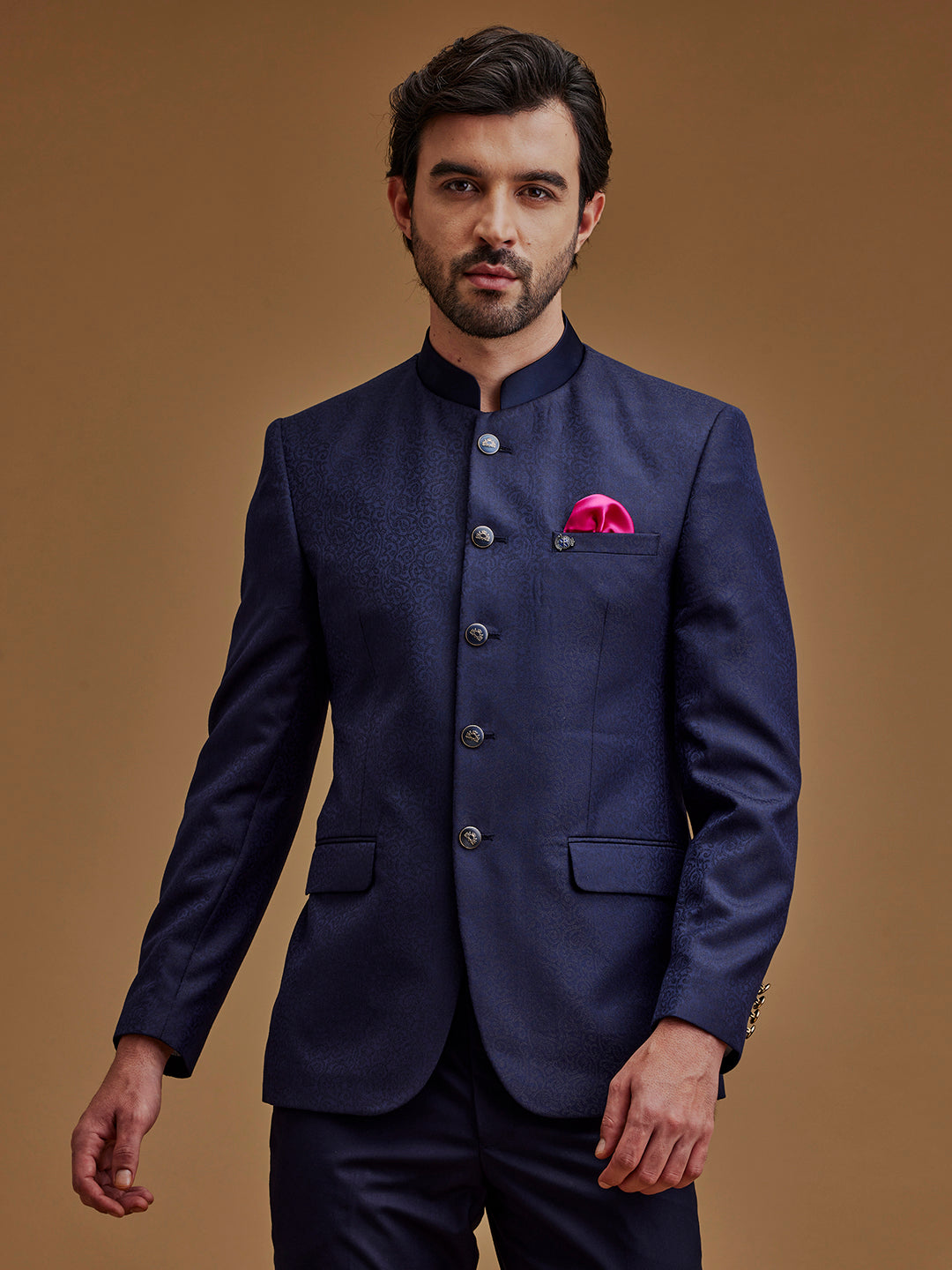 Navy Blue Paisley Printed Indo Western Bandhgala