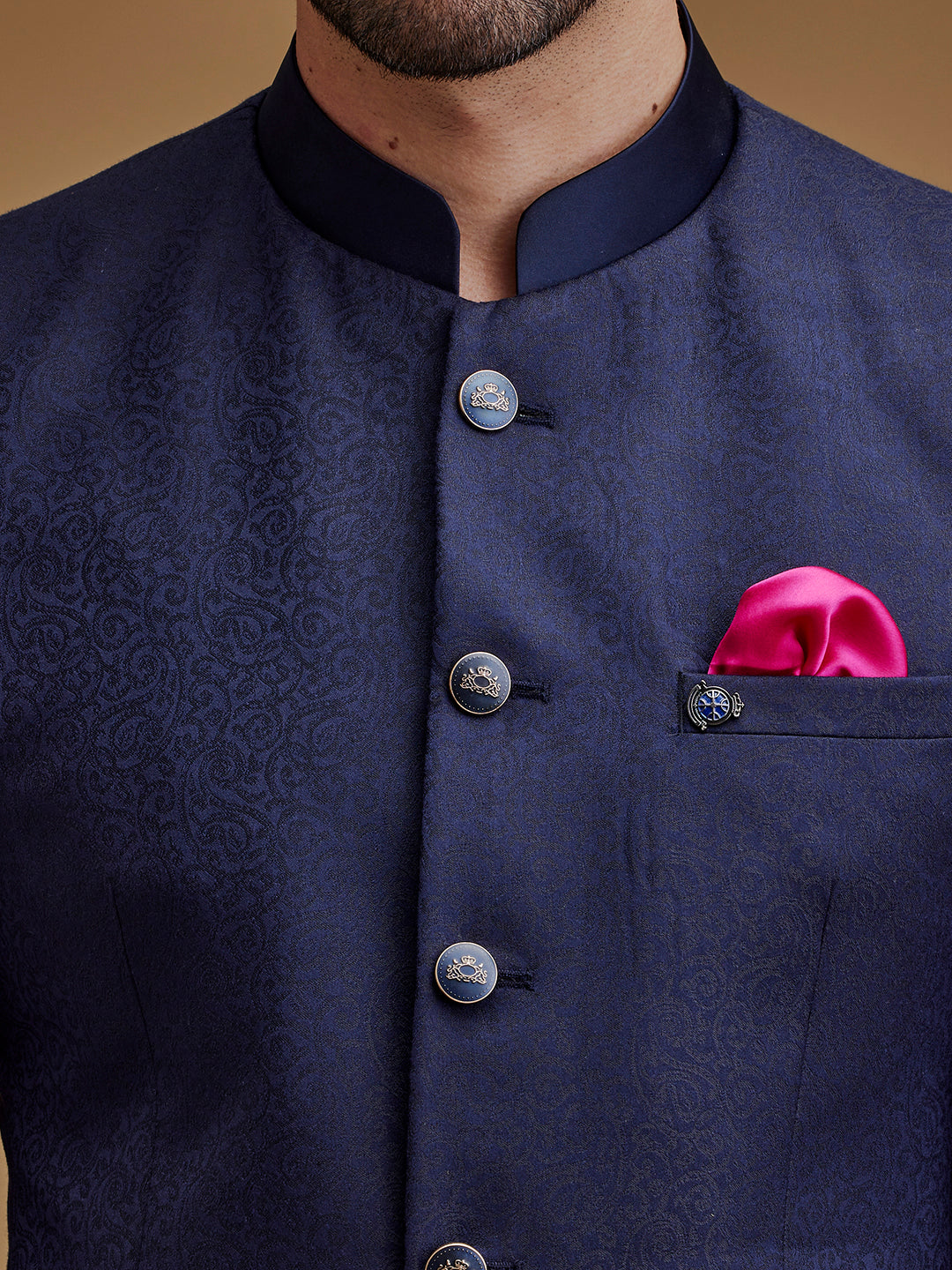 Navy Blue Paisley Printed Indo Western Bandhgala