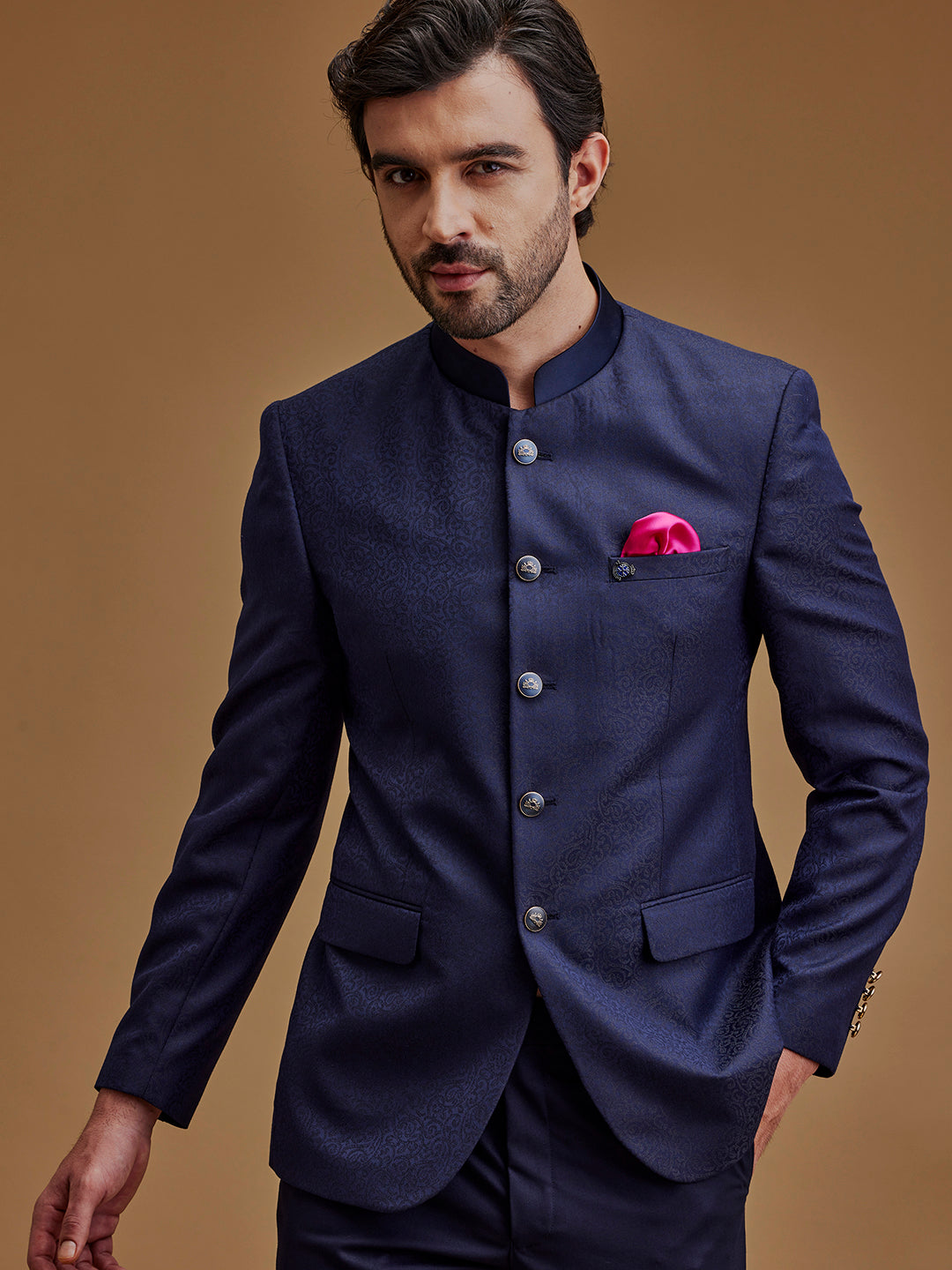 Navy Blue Paisley Printed Indo Western Bandhgala