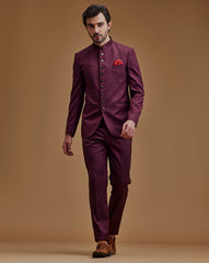 Maroon Textured Indo Western Bandhgala