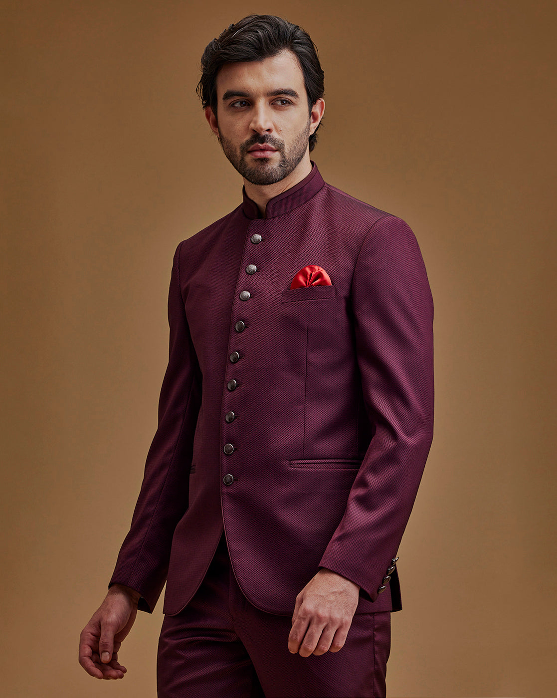 Maroon Textured Indo Western Bandhgala