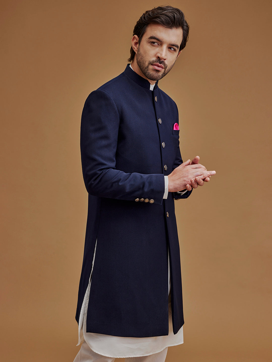 Textured Navy Blue Achkan