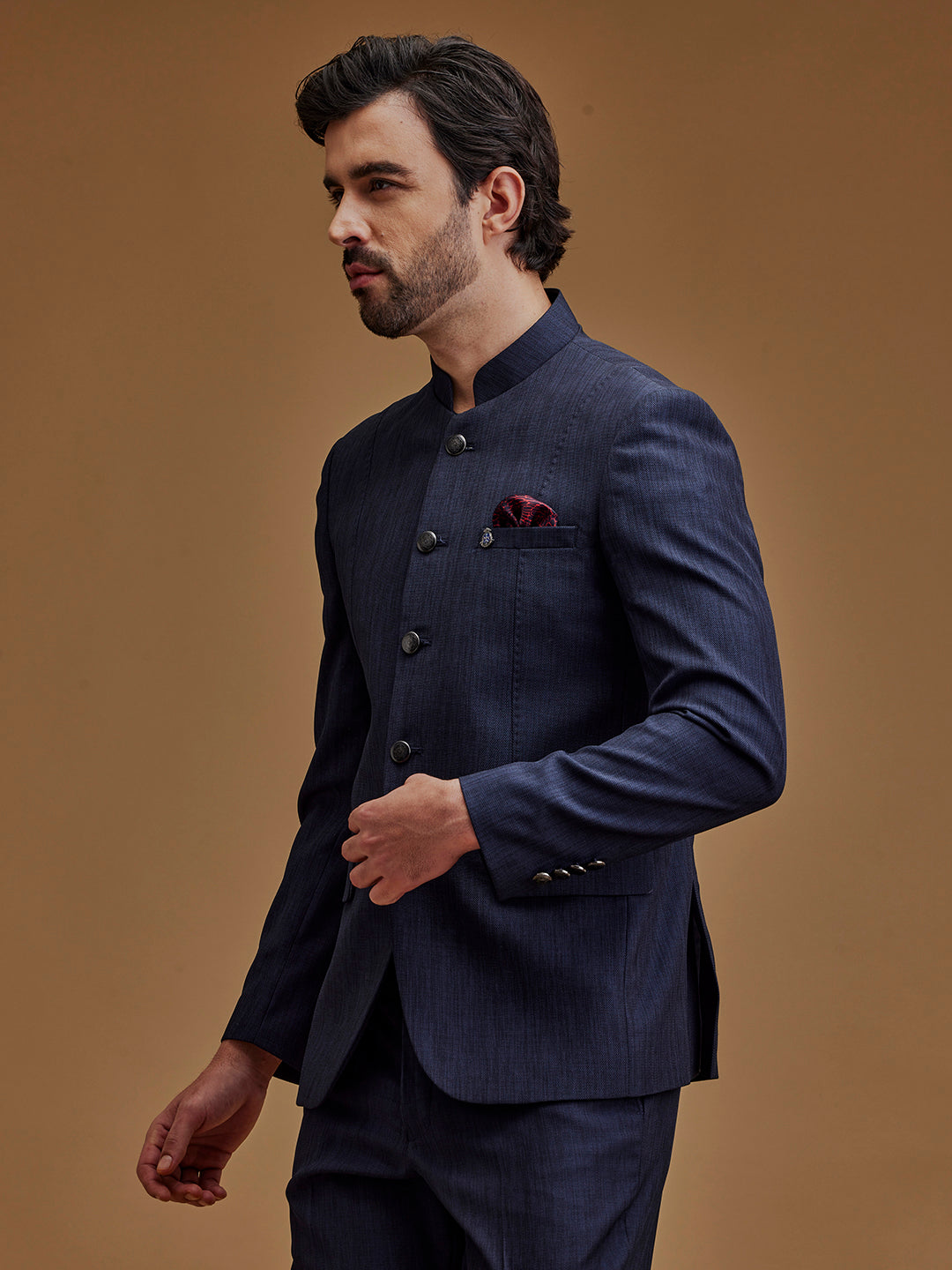 Dark Blue Textured Indo Western Bandhgala