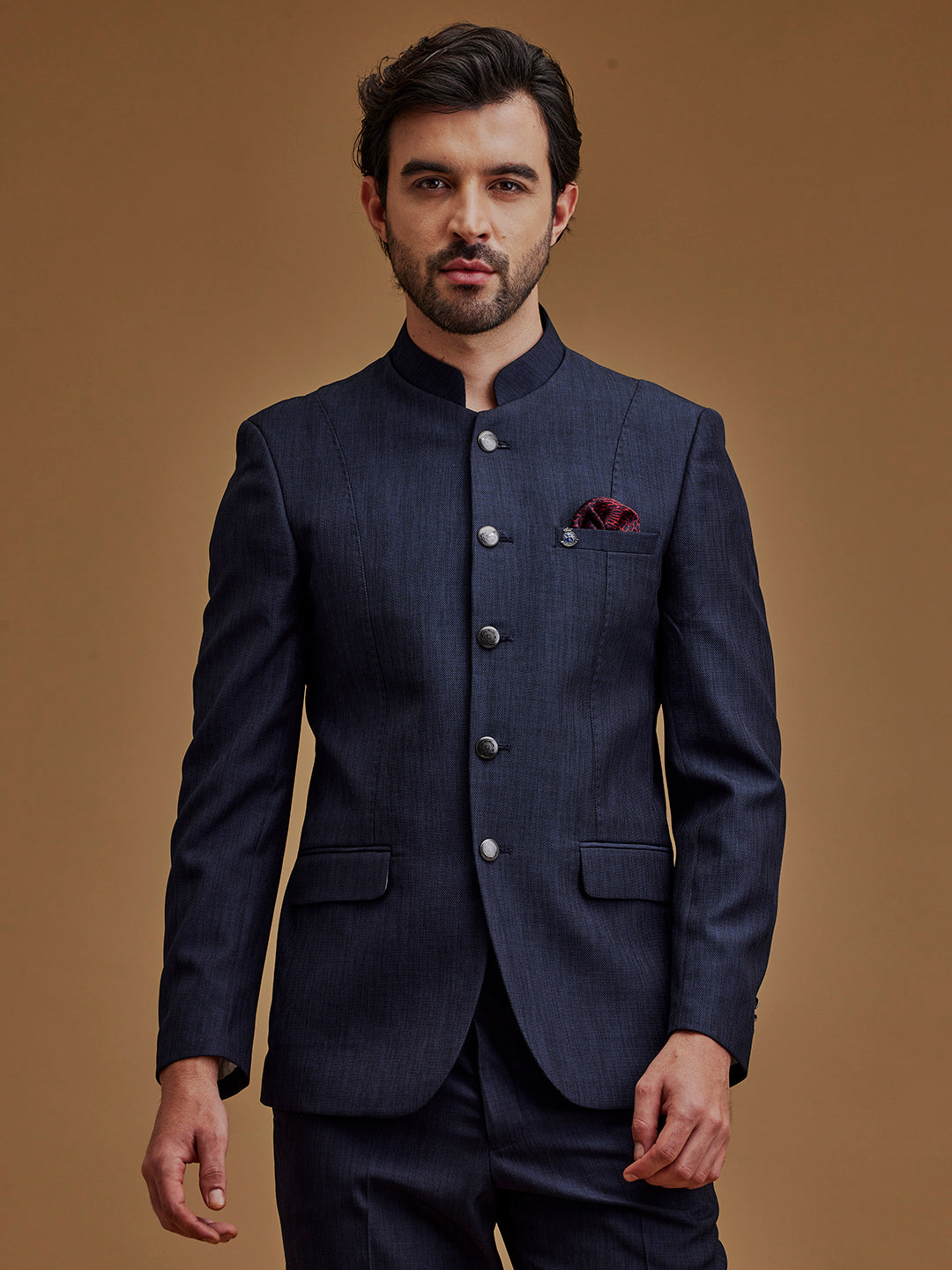 Dark Blue Textured Indo Western Bandhgala