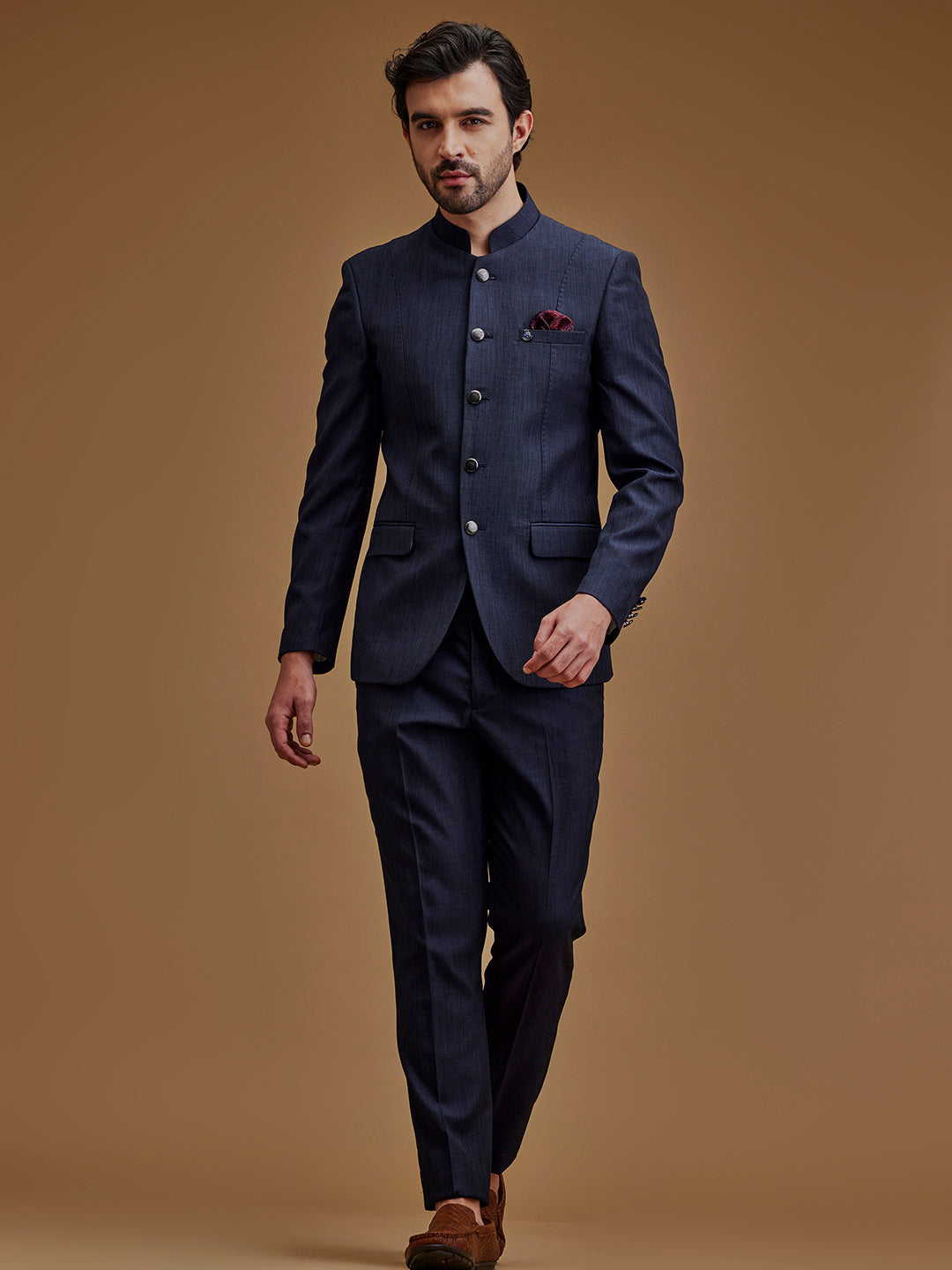 Dark Blue Textured Indo Western Bandhgala