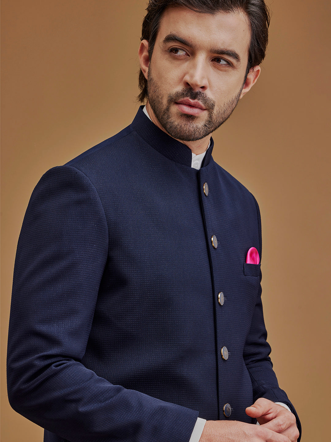 Textured Navy Blue Achkan