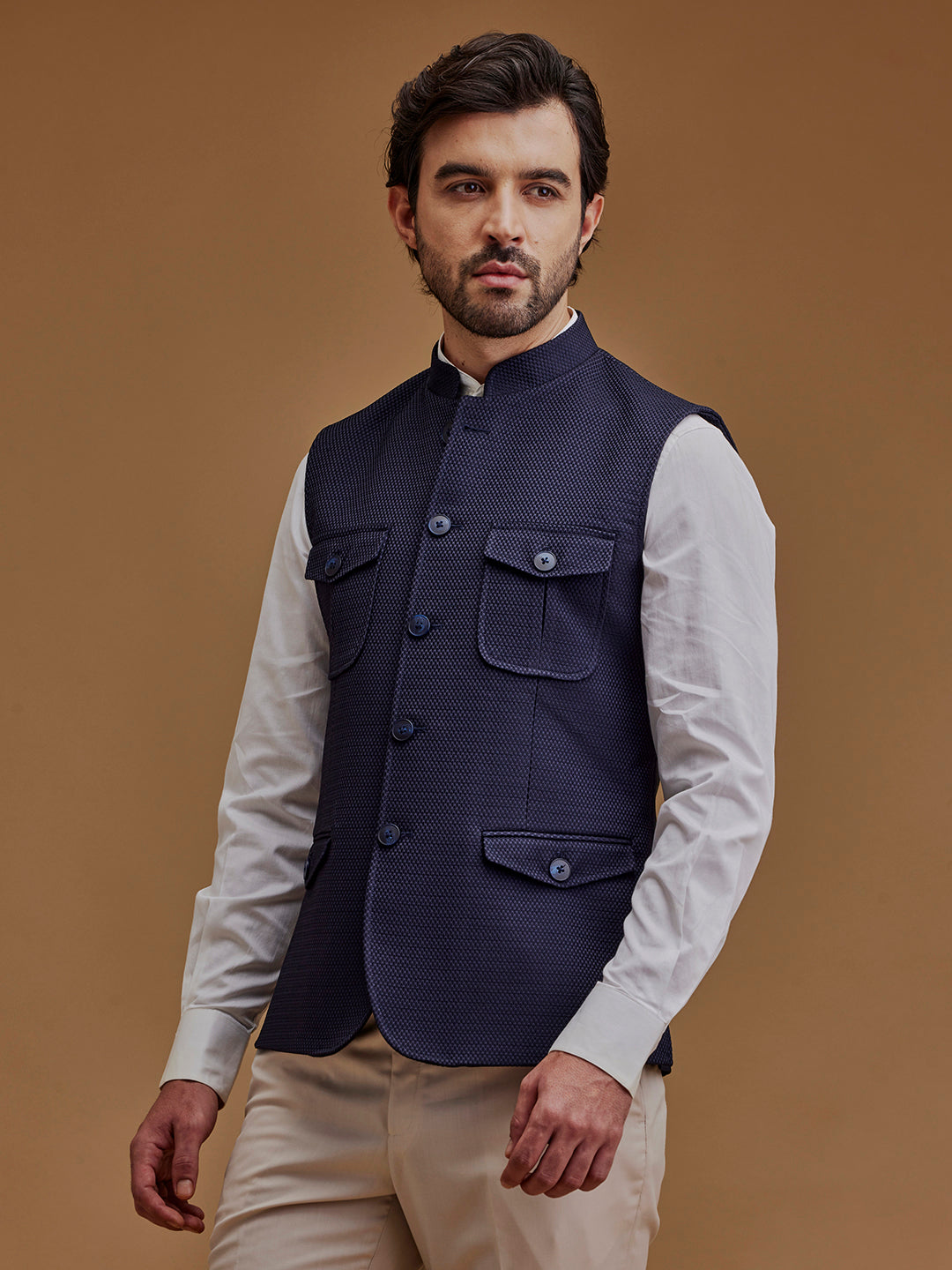 Textured Navy Blue Bundi