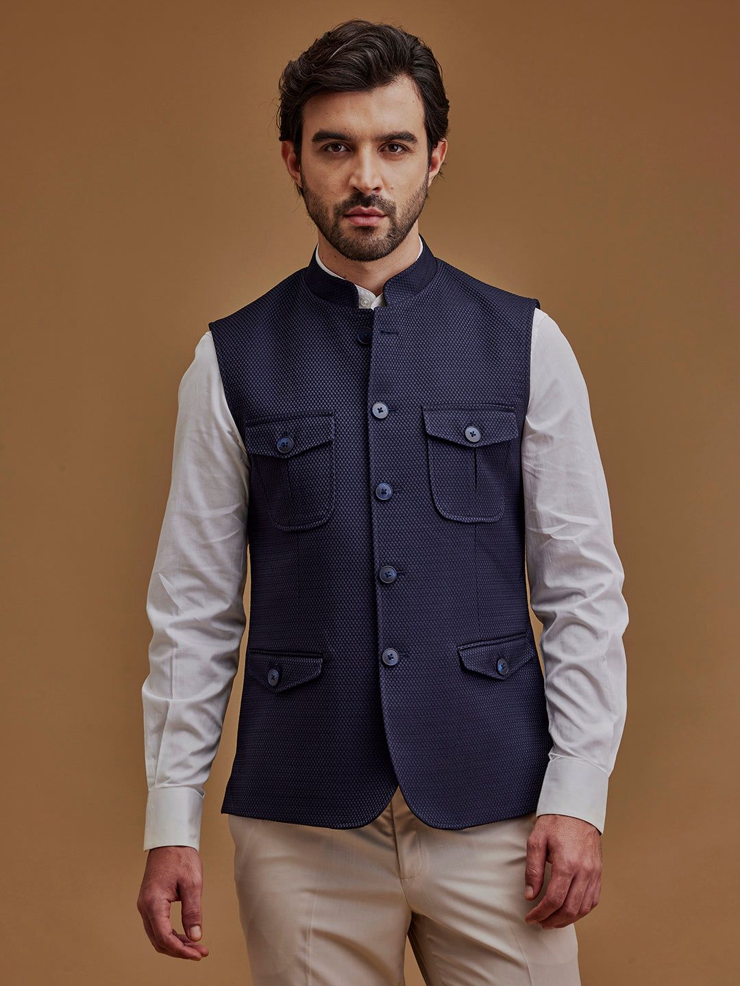 Textured Navy Blue Bundi