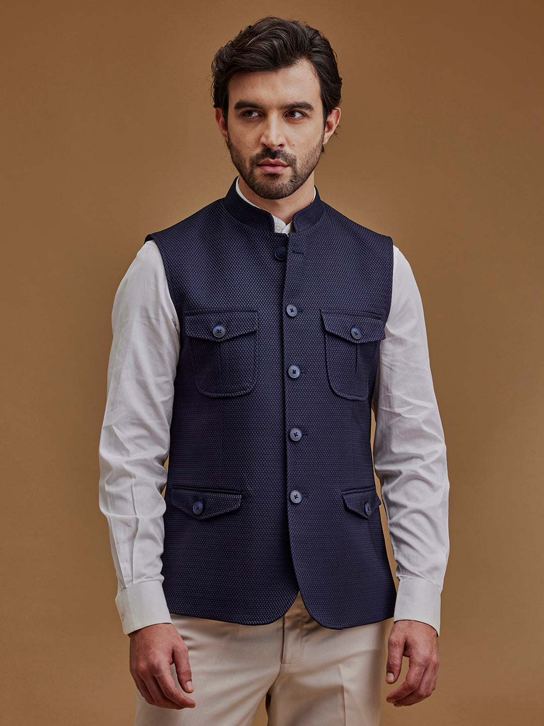 Textured Navy Blue Bundi