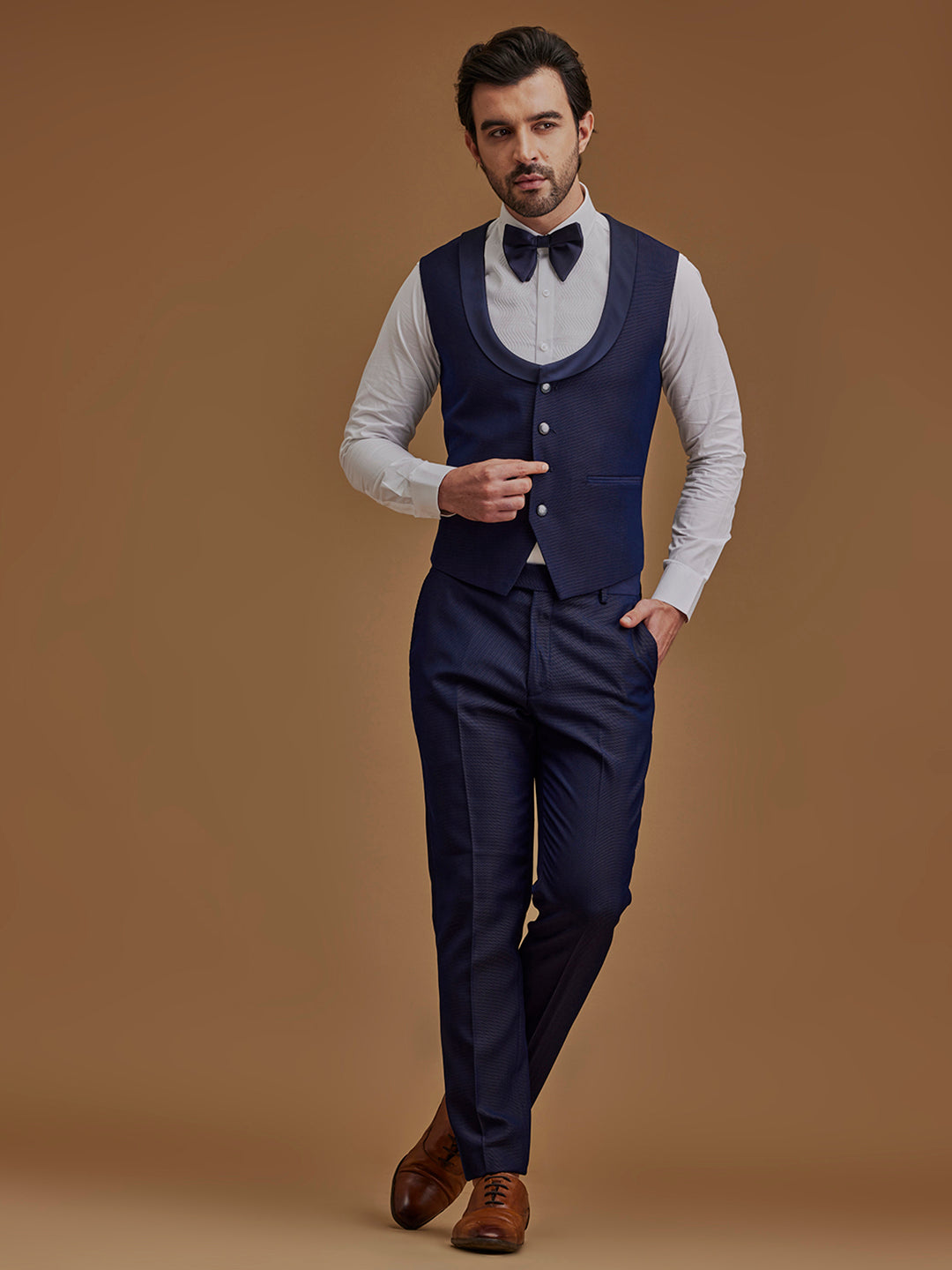 Single Breasted Textured Navy Blue Two Piece Suit