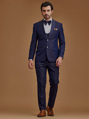 Single Breasted Textured Navy Blue Two Piece Suit