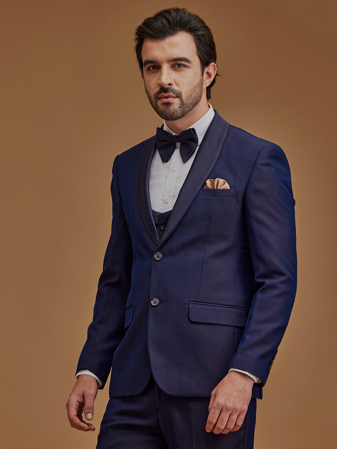 Single Breasted Textured Navy Blue Two Piece Suit