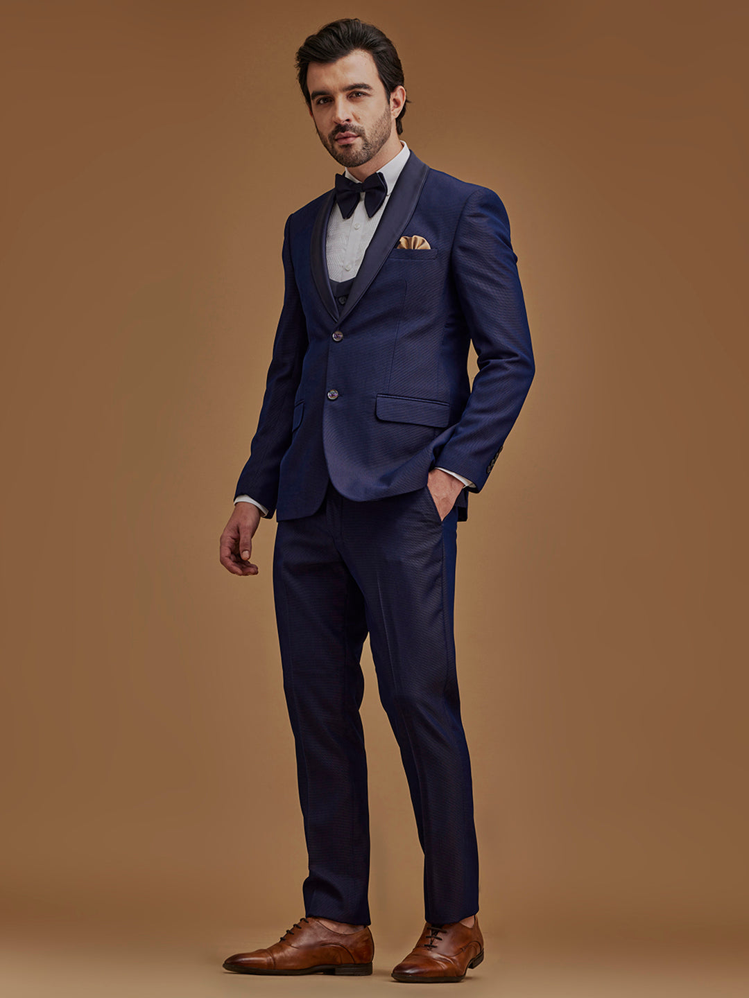 Single Breasted Textured Navy Blue Two Piece Suit