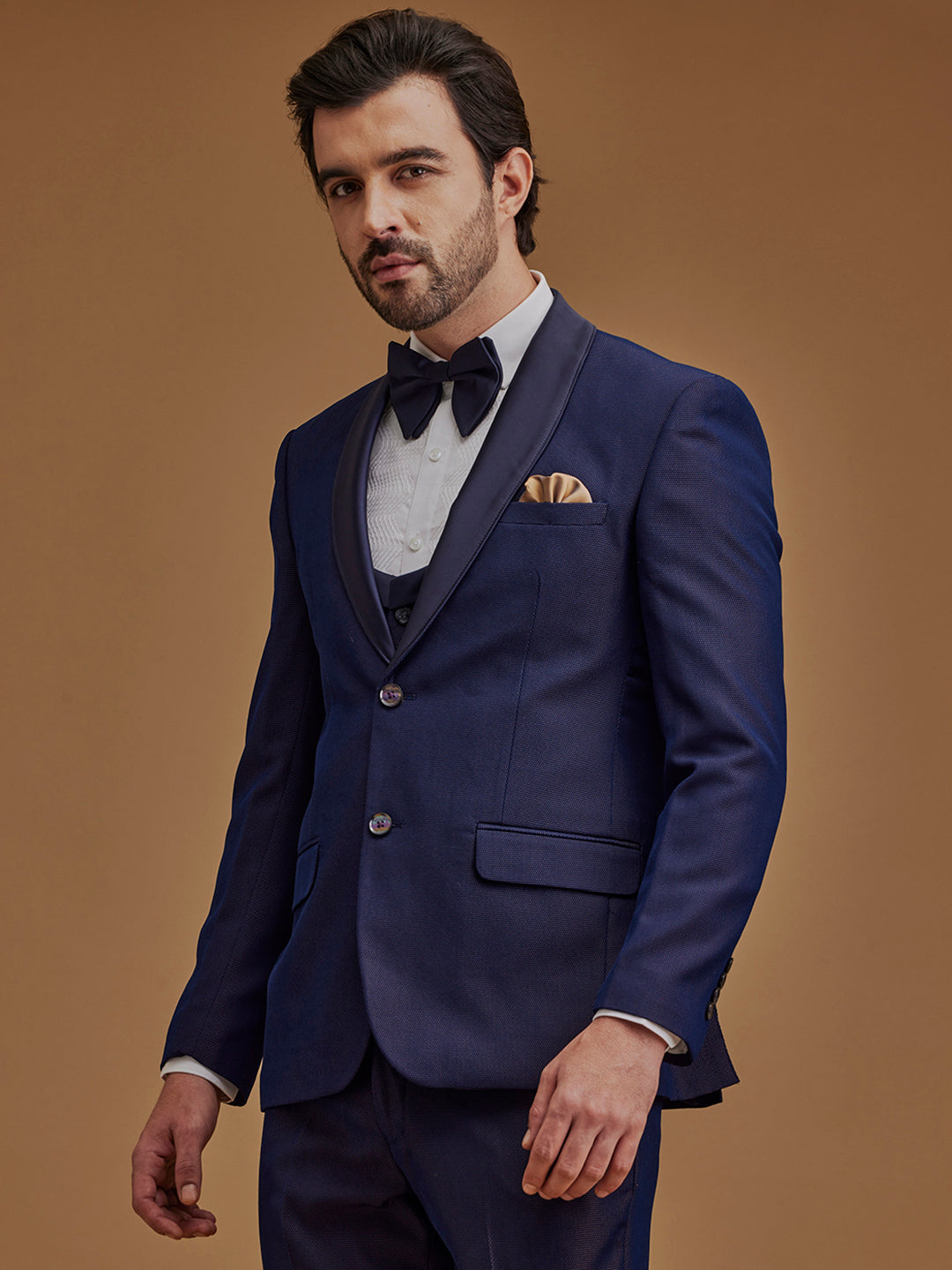 Single Breasted Textured Navy Blue Two Piece Suit