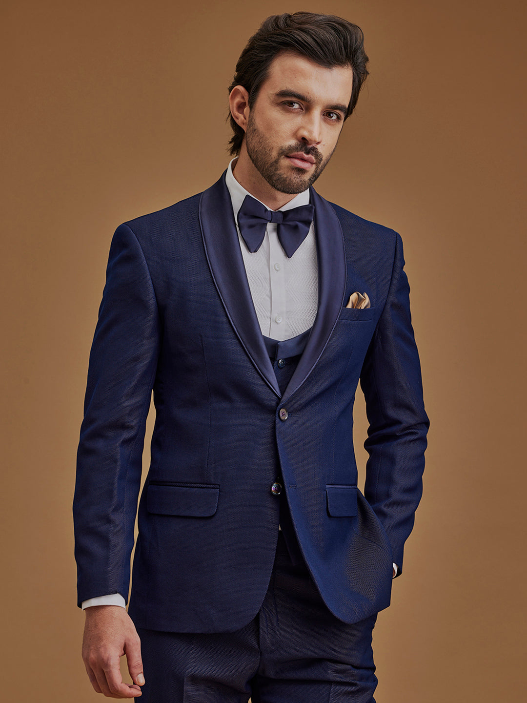 Single Breasted Textured Navy Blue Two Piece Suit