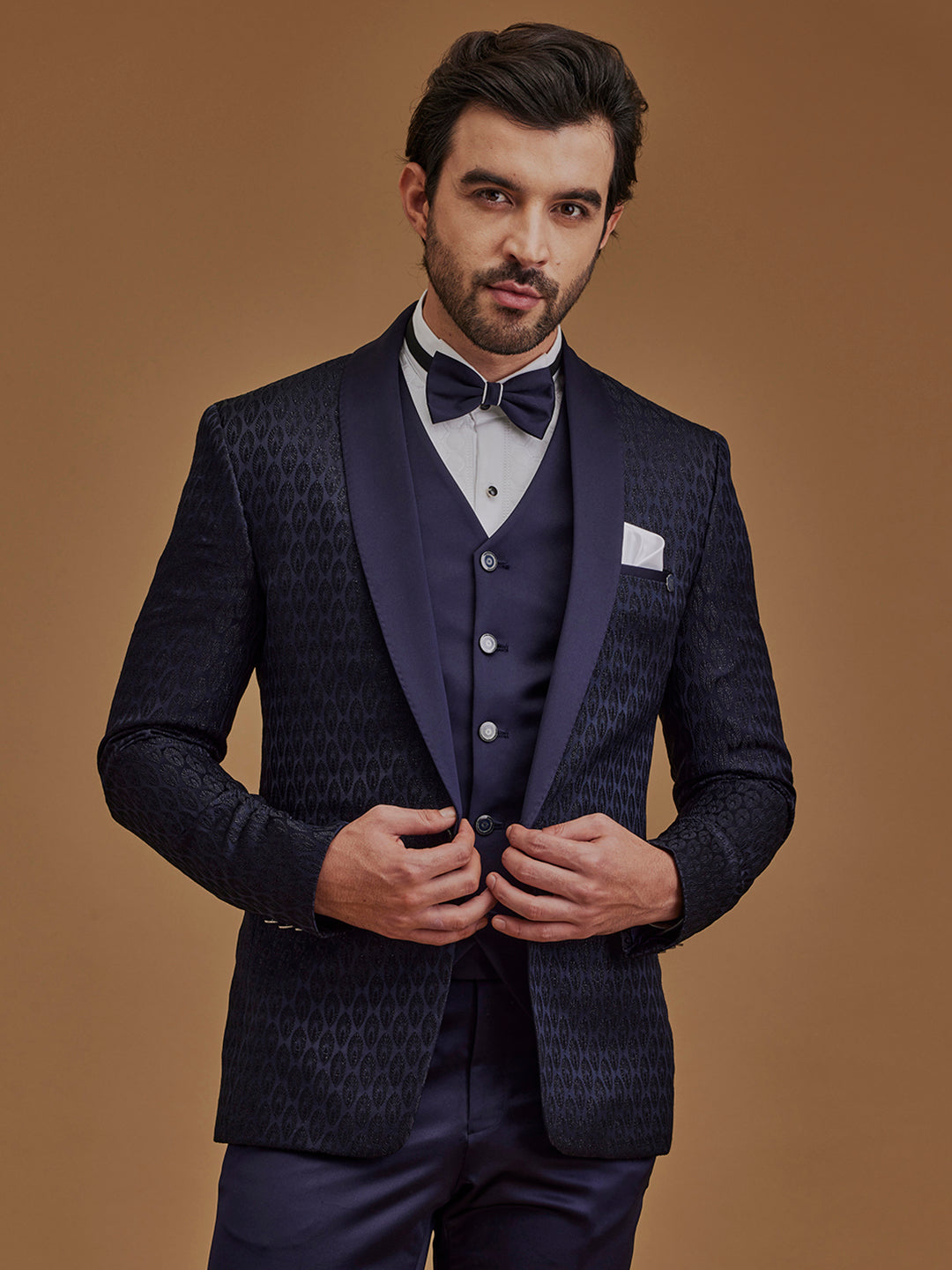 Dark Navy Printed Single Breasted Five Piece Suit