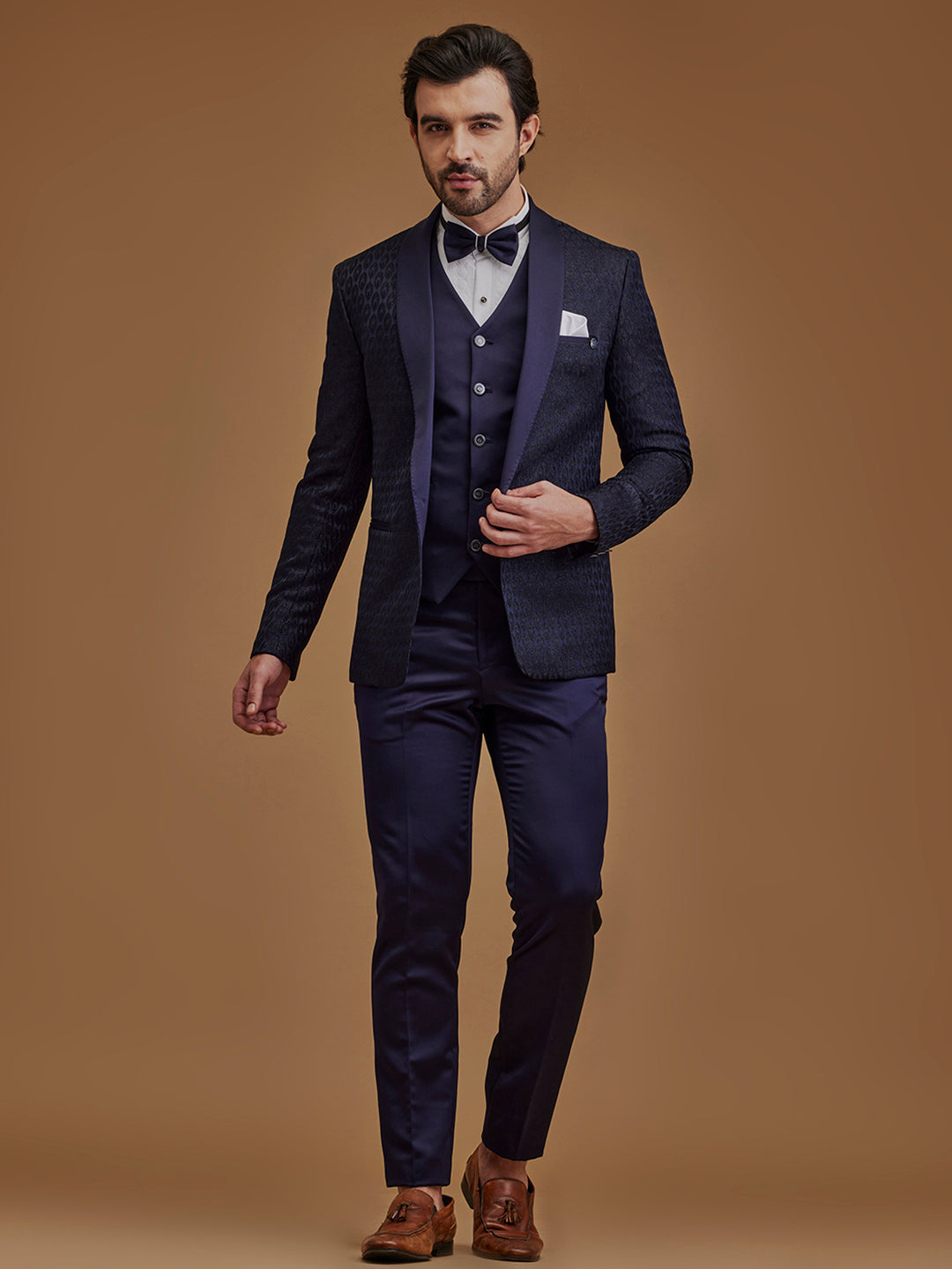 Dark Navy Printed Single Breasted Five Piece Suit