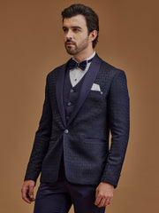 Dark Navy Printed Single Breasted Five Piece Suit