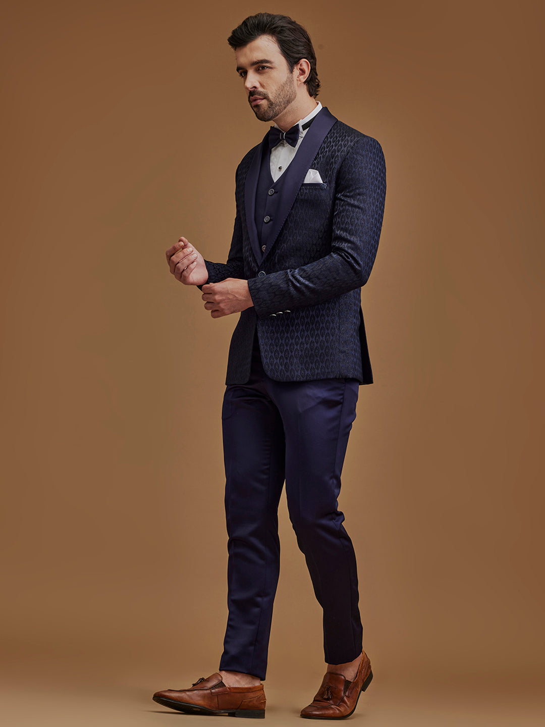 Dark Navy Printed Single Breasted Five Piece Suit