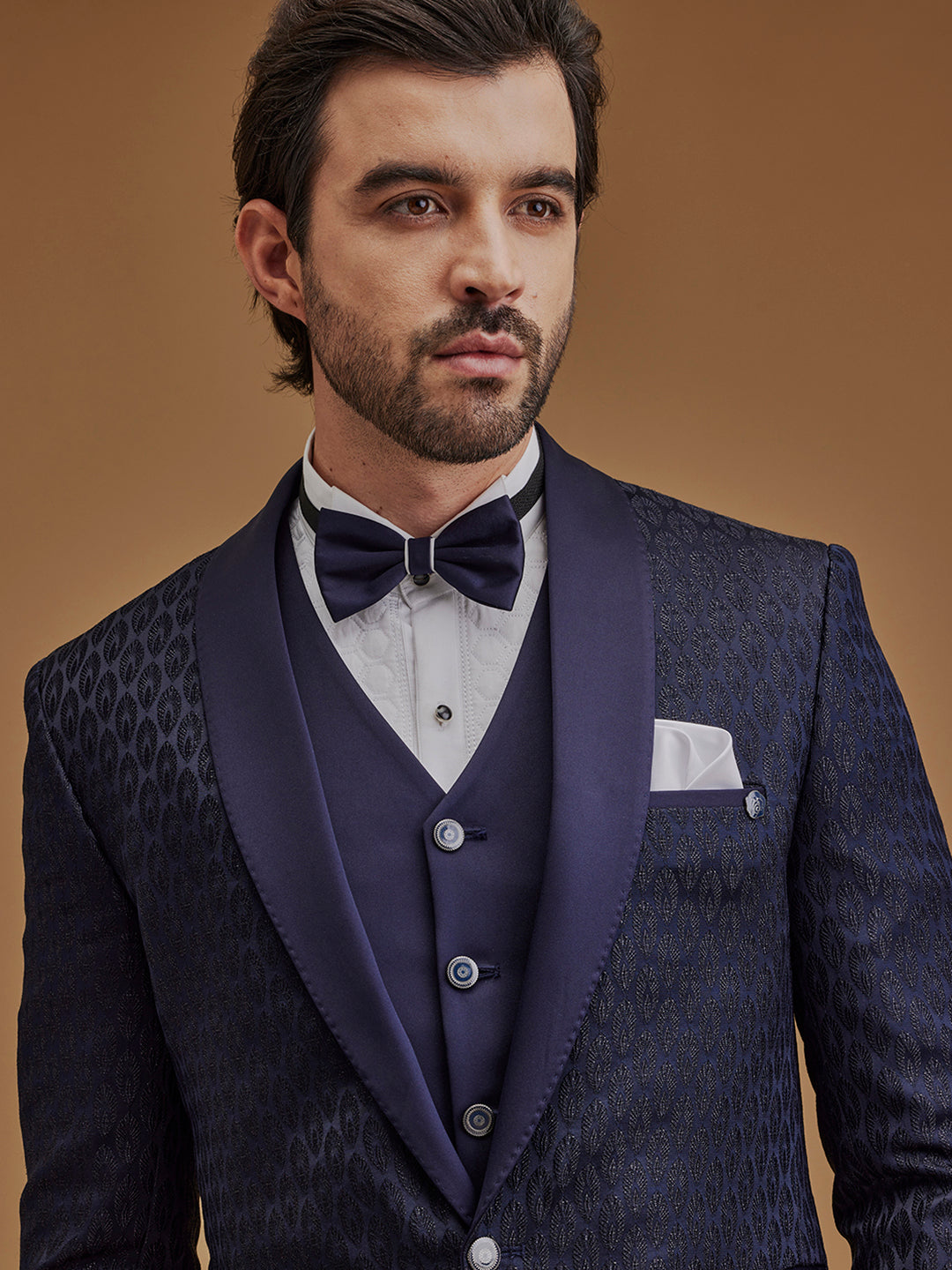 Dark Navy Printed Single Breasted Five Piece Suit