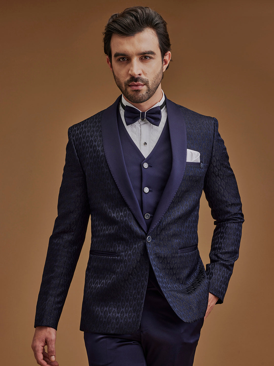 Dark Navy Printed Single Breasted Five Piece Suit