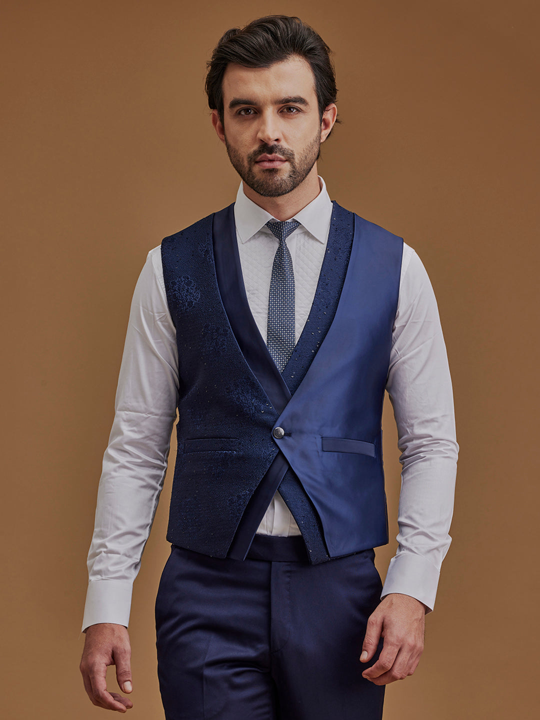 Navy Blue Floral 5-Piece Single-Breasted Suit