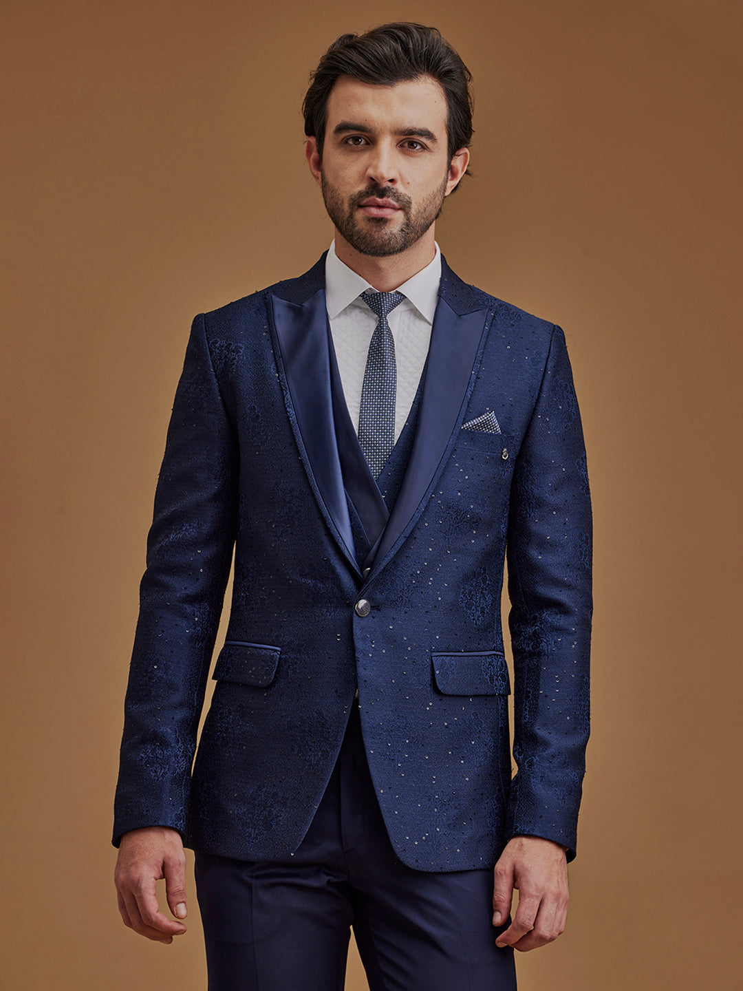 Navy Blue Floral 5-Piece Single-Breasted Suit