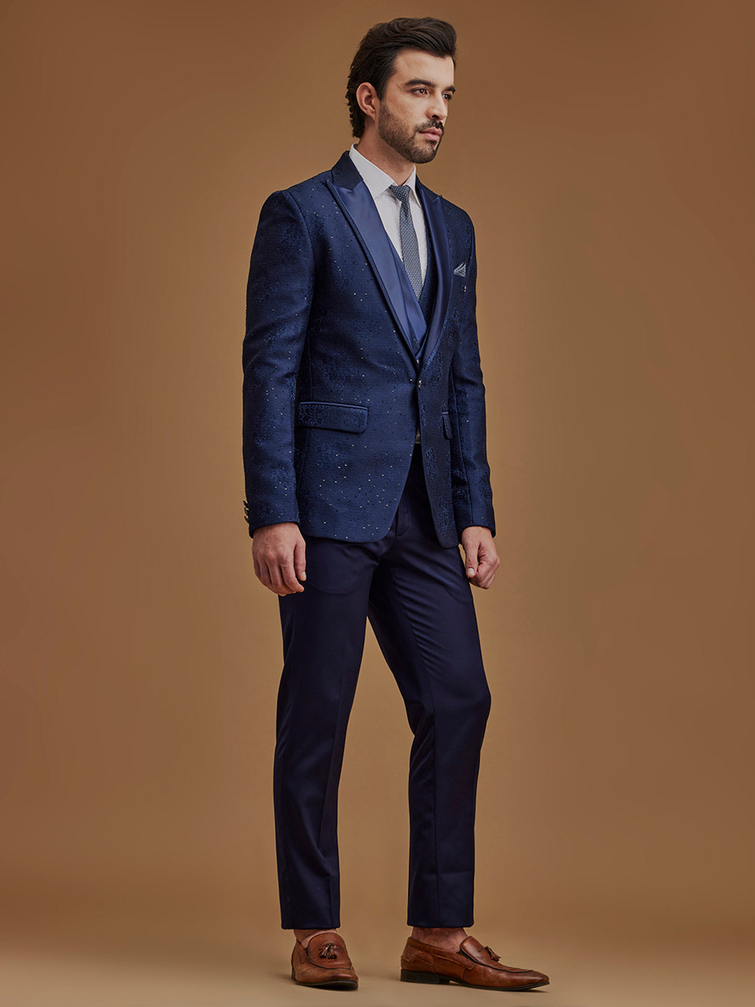 Navy Blue Floral 5-Piece Single-Breasted Suit