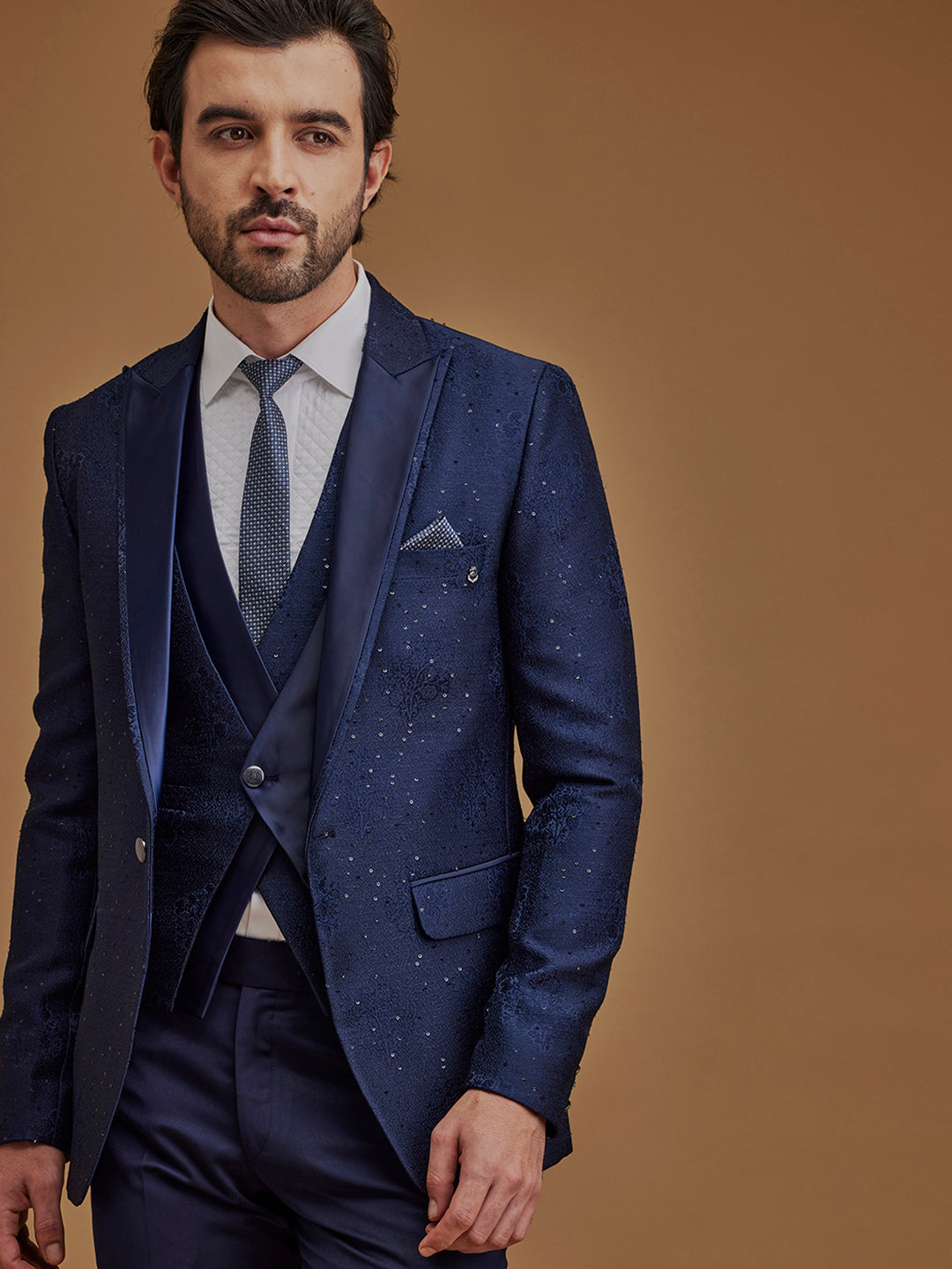 Navy Blue Floral 5-Piece Single-Breasted Suit