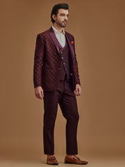 Wine Printed Single Breasted Five Piece Suit