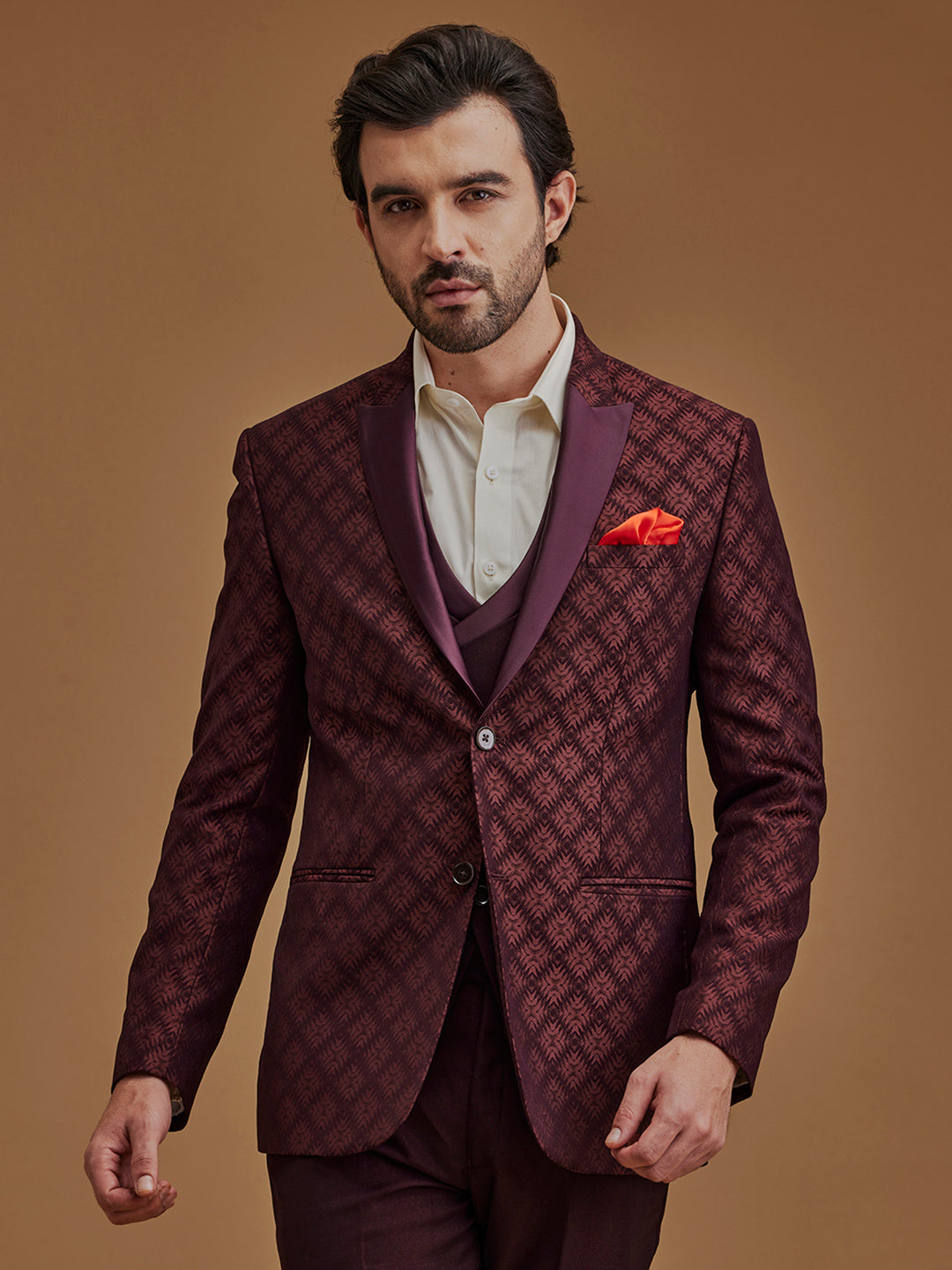 Wine Printed Single Breasted Five Piece Suit