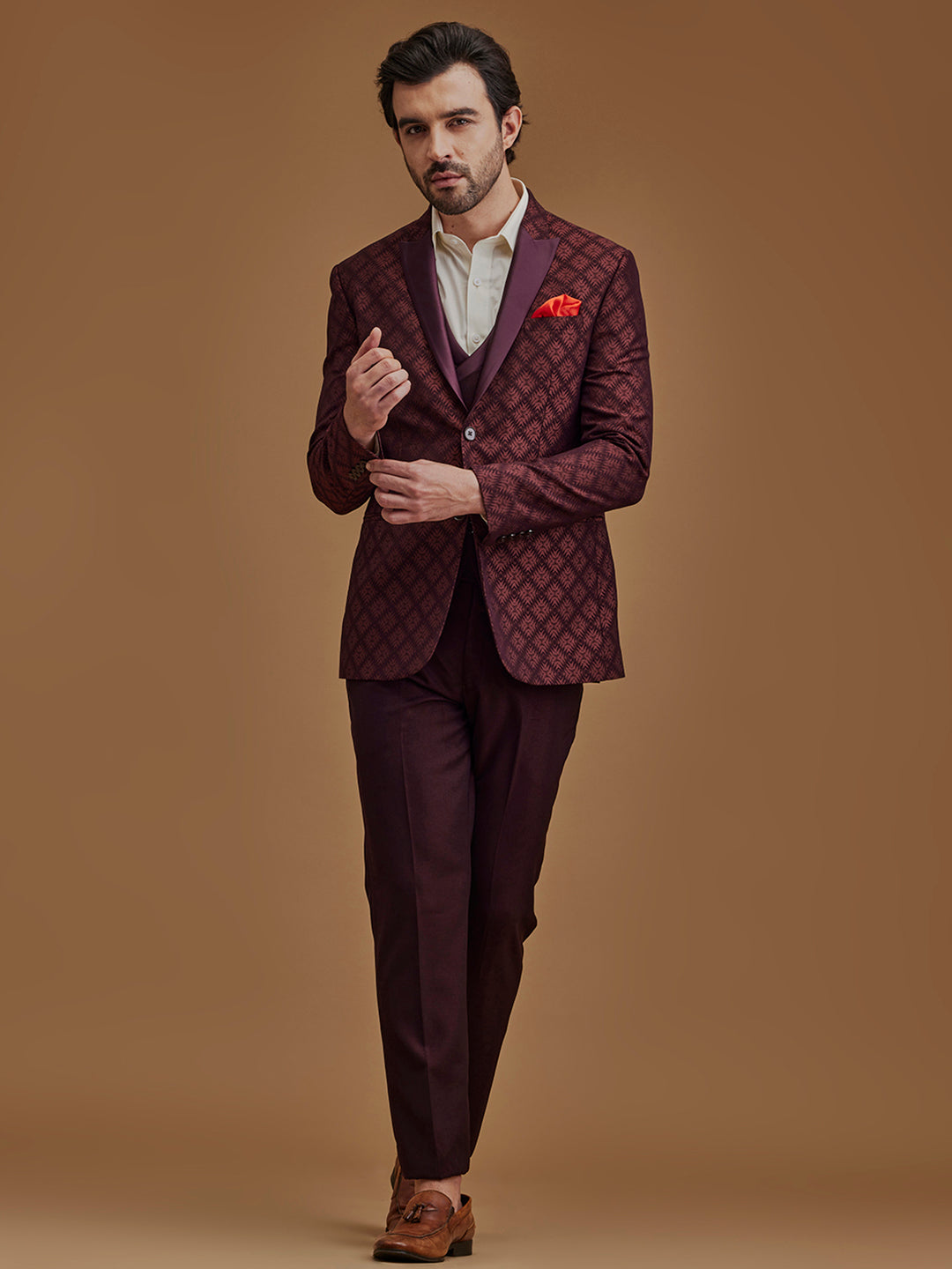 Wine Printed Single Breasted Five Piece Suit