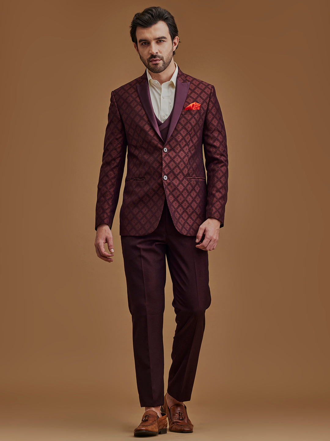 Wine Printed Single Breasted Five Piece Suit