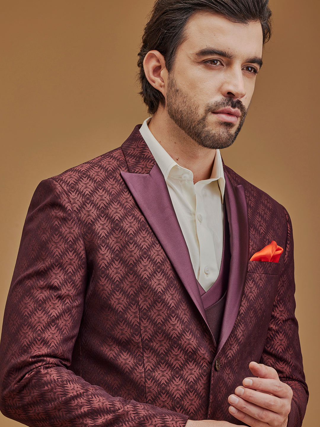 Wine Printed Single Breasted Five Piece Suit