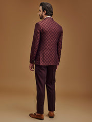 Wine Printed Single Breasted Five Piece Suit