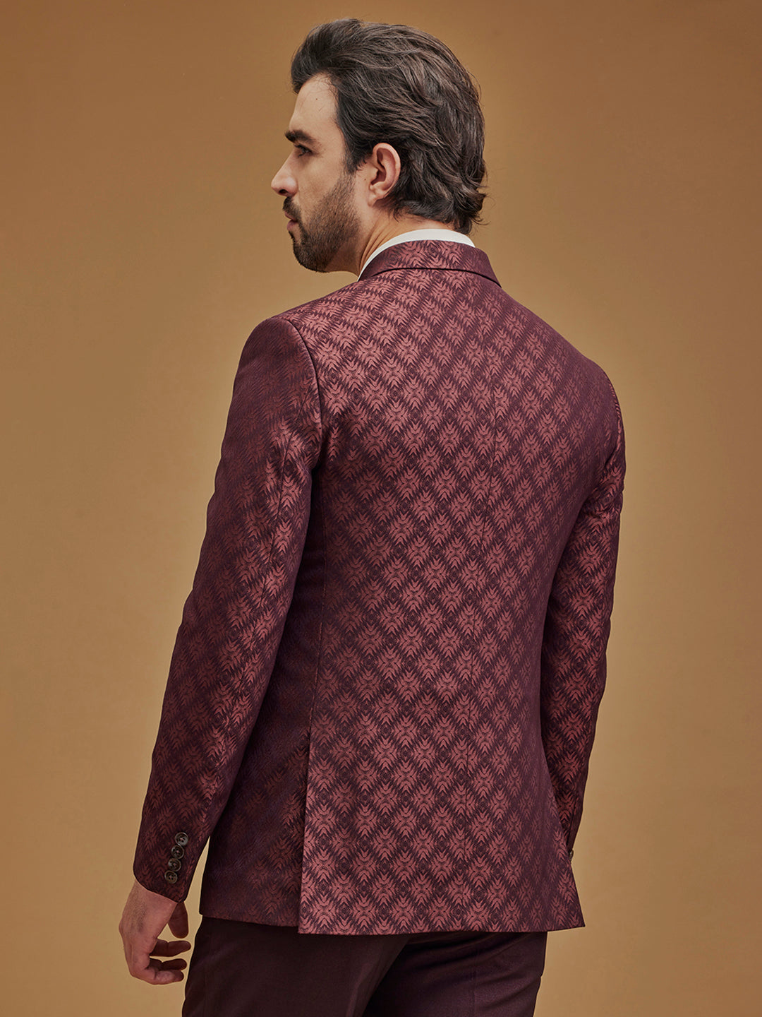 Wine Printed Single Breasted Five Piece Suit