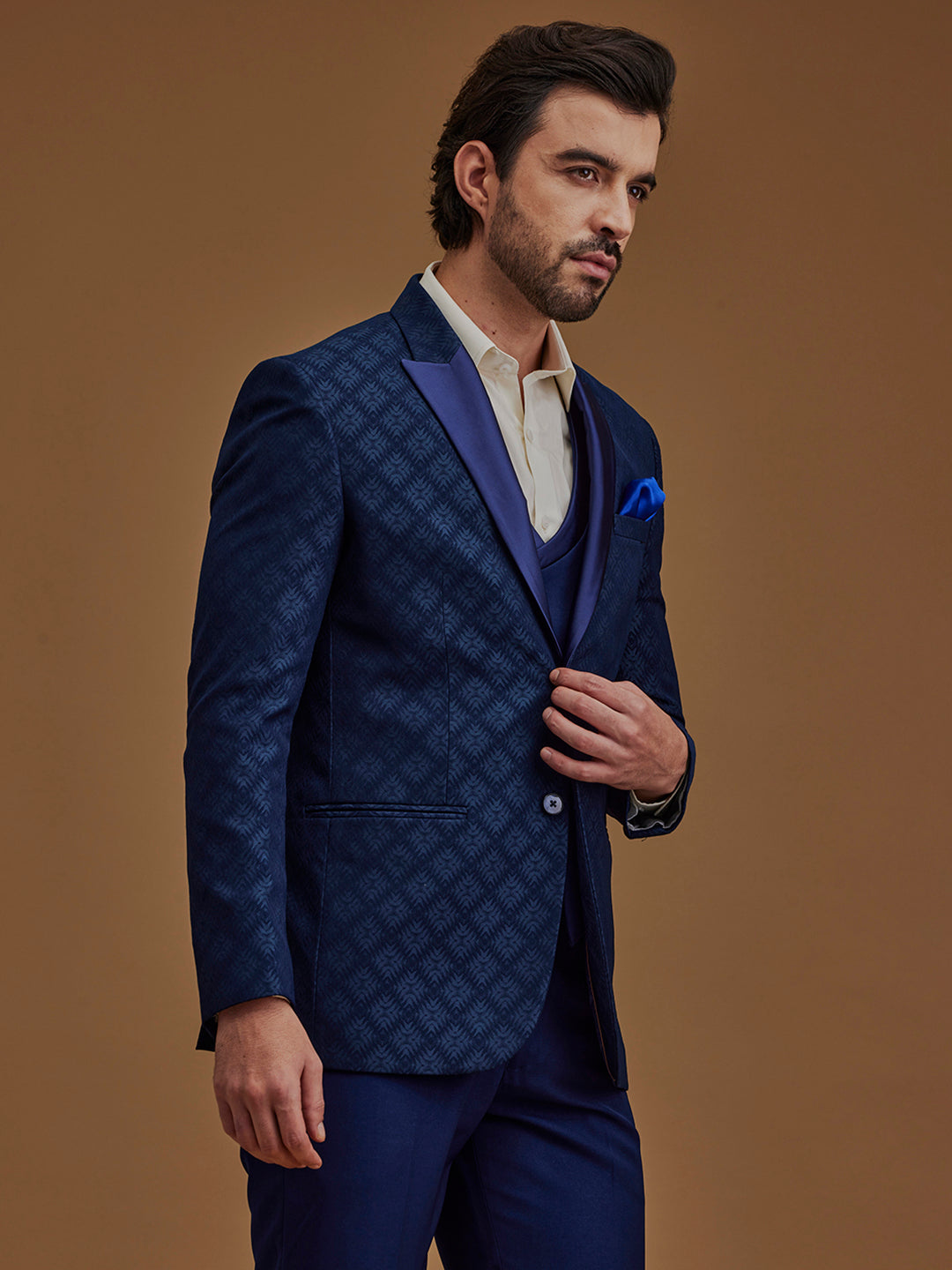 Blue Printed Single Breasted Five Piece Suit