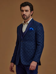 Blue Printed Single Breasted Five Piece Suit