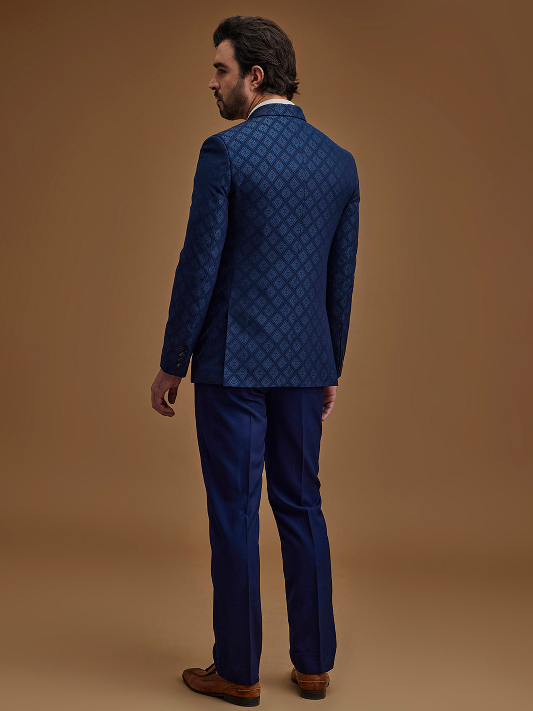 Blue Printed Single Breasted Five Piece Suit