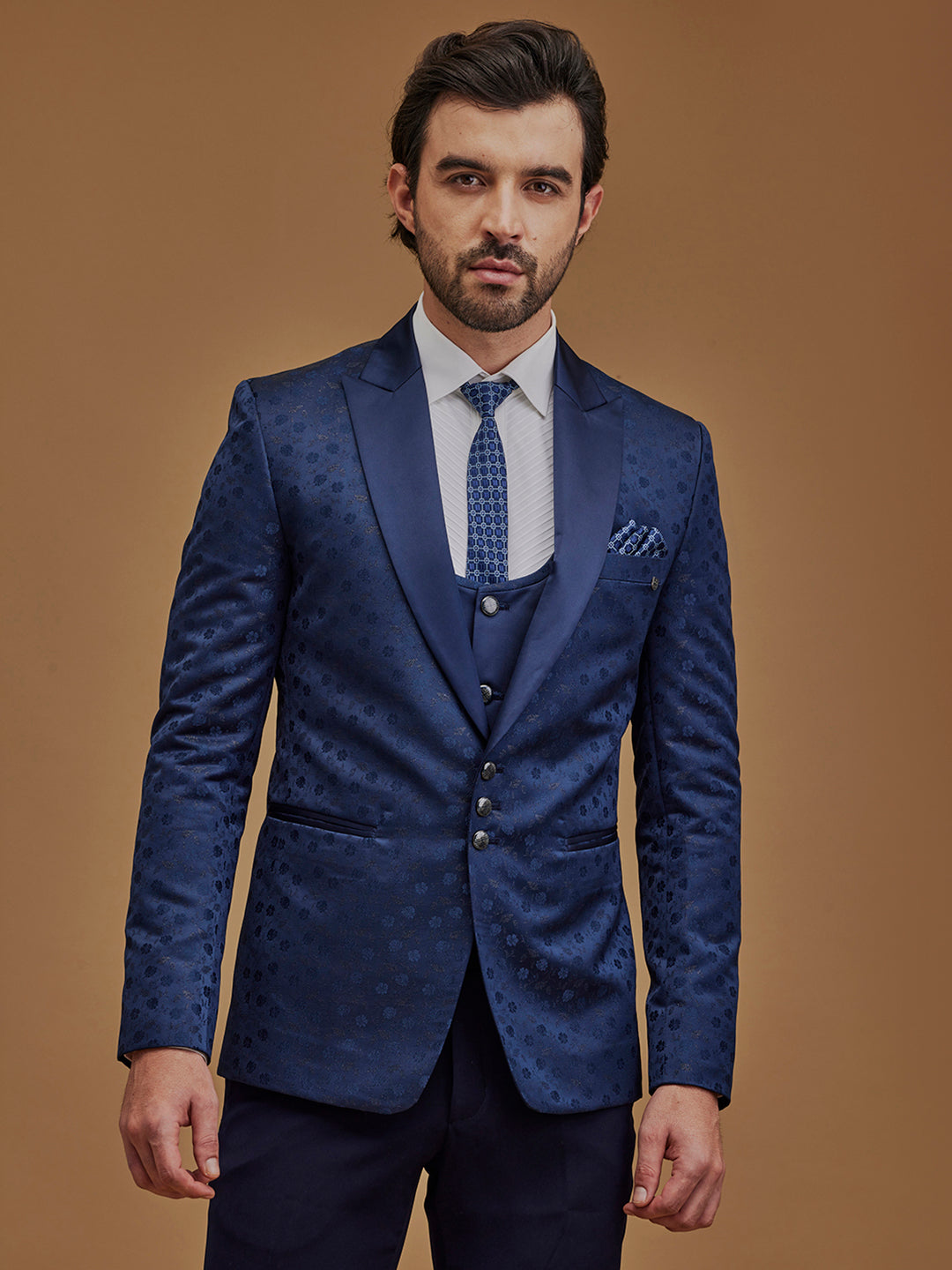 Floral Blue Single Breasted Five Piece Suit