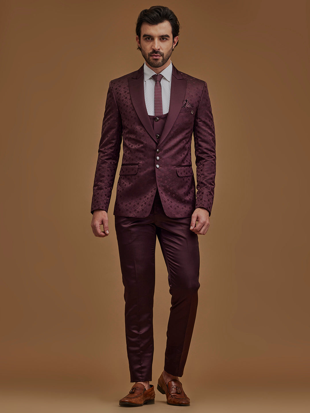 Floral Wine Single Breasted Five Piece Suit