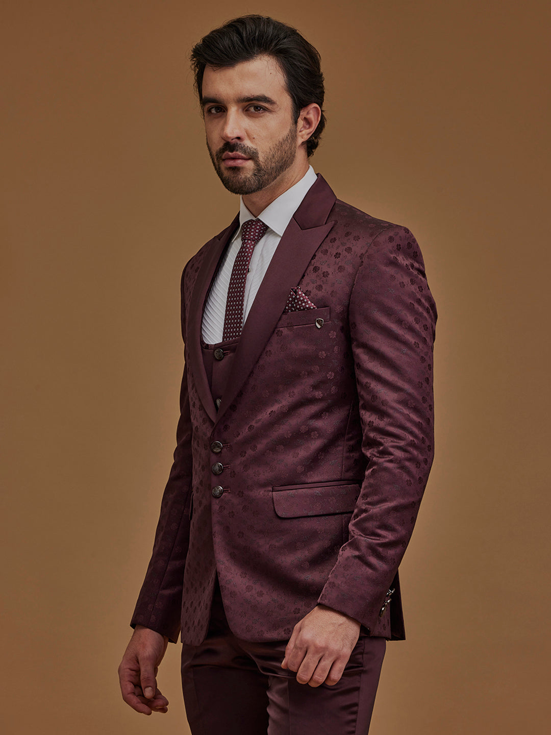 Floral Wine Single Breasted Five Piece Suit