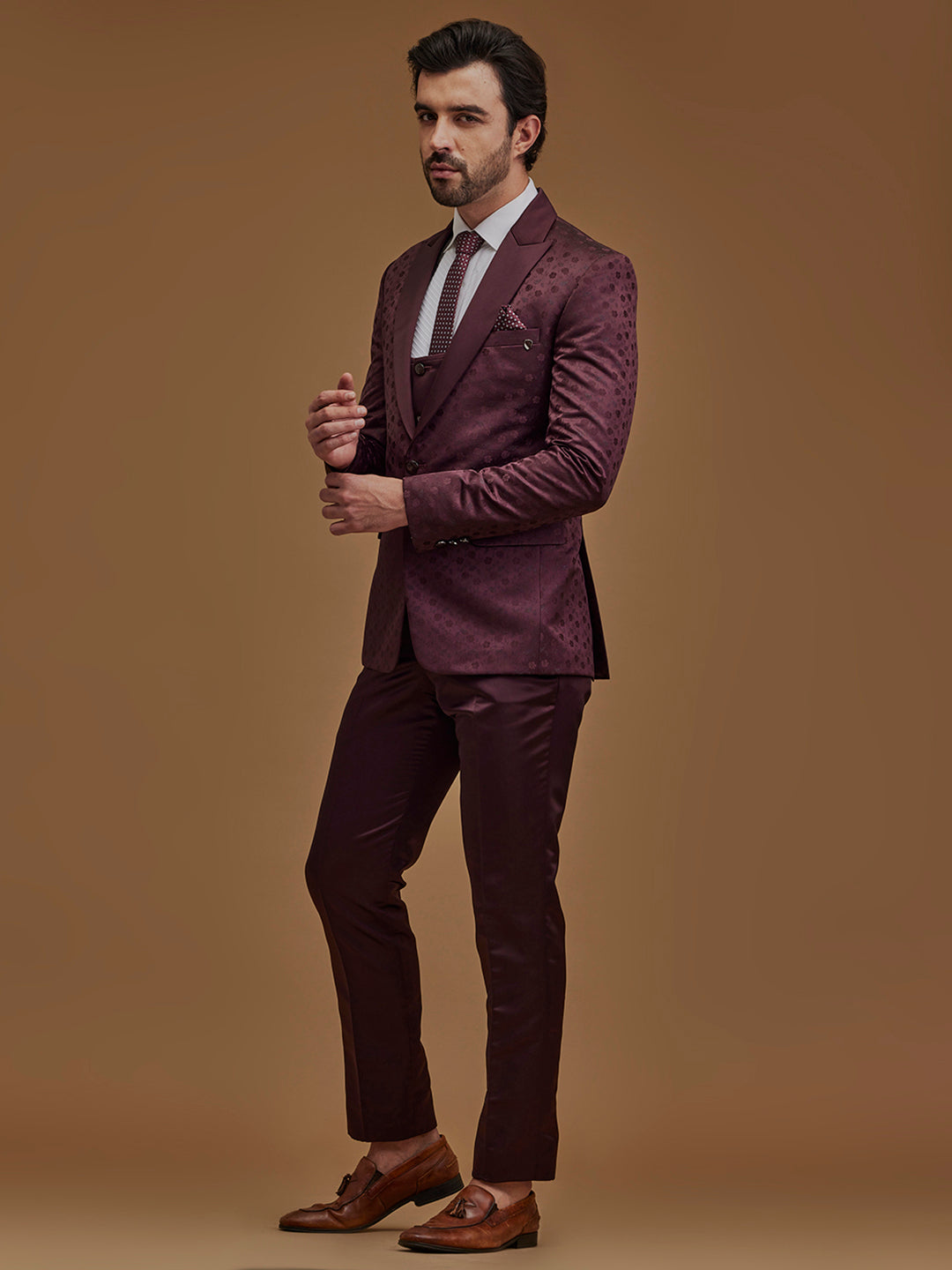 Floral Wine Single Breasted Five Piece Suit