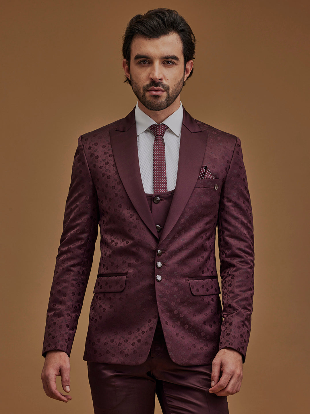 Floral Wine Single Breasted Five Piece Suit