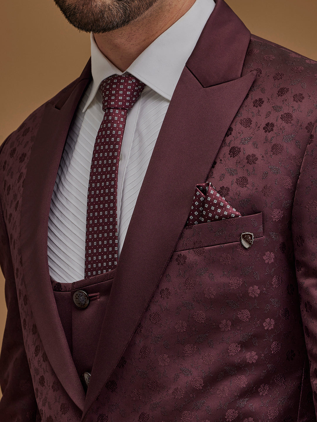 Floral Wine Single Breasted Five Piece Suit