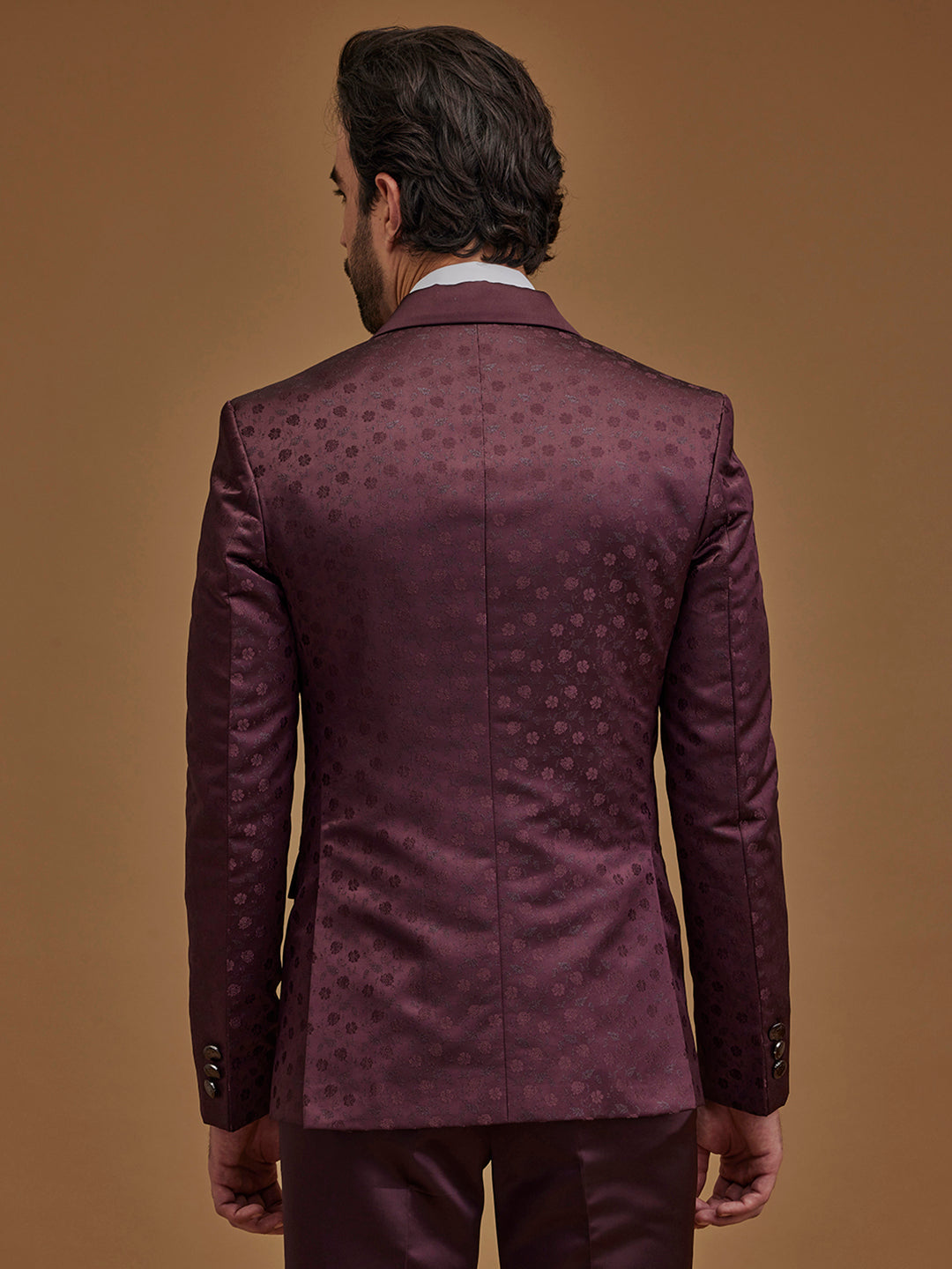 Floral Wine Single Breasted Five Piece Suit