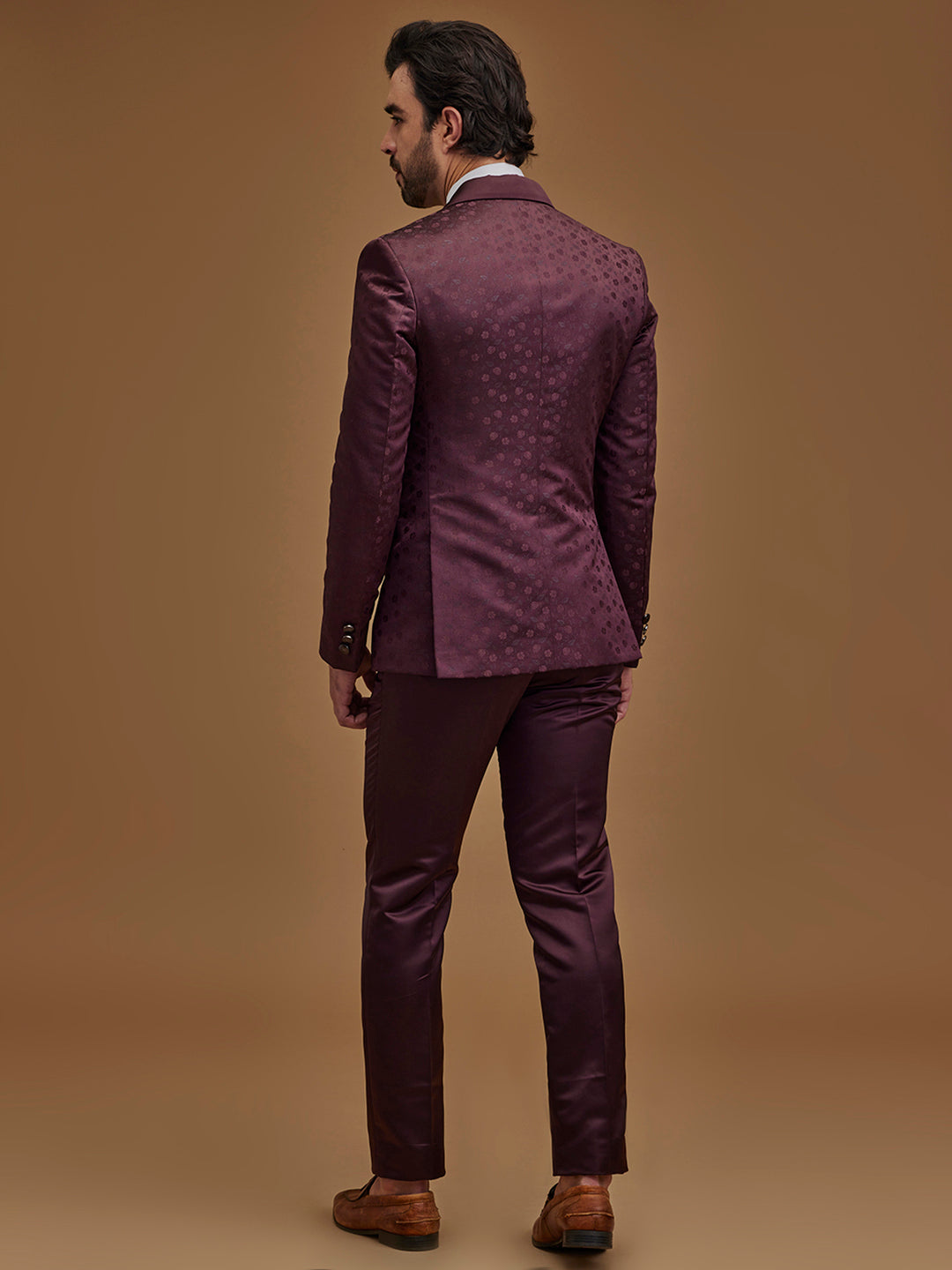 Floral Wine Single Breasted Five Piece Suit