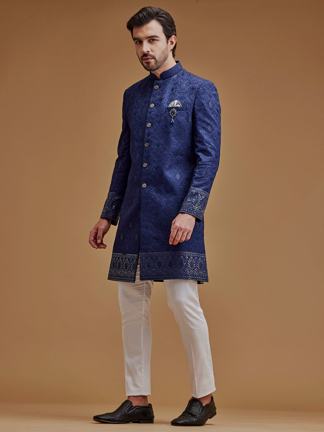 Embroidered Zari Work Navy Blue Achkan