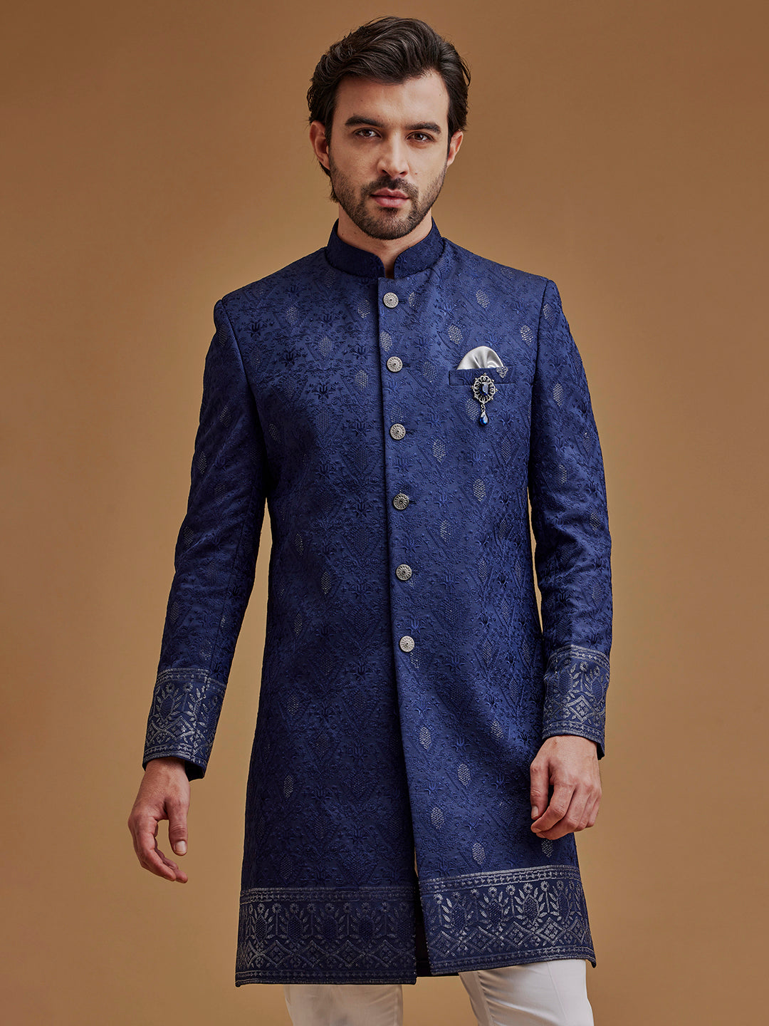 Embroidered Zari Work Navy Blue Achkan