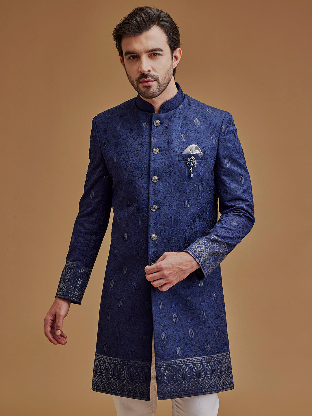 Embroidered Zari Work Navy Blue Achkan